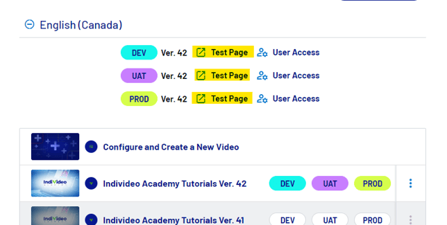 IndiVideo Portal screen capture showing where the Test Page can be accessed 