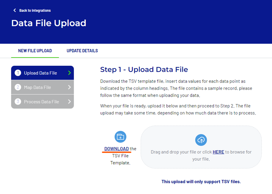 Screen capture of Step 1 of Data File Upload